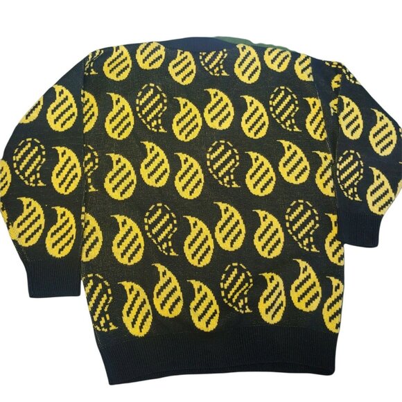 Vintage Stefano Sportswear Womens L V Neck Sweater Retro Paisley Black Yellow - Picture 2 of 7